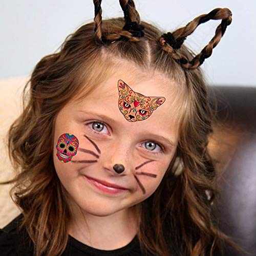 Konsait Day of the Dead Sugar Skull Tattoos(100Counts),Konsait Halloween Temporary Face Tattoos Sugar Skull Puppy Black Skeleton Web Red Roses Tattoo for kids Boys Girls Mexican Halloween Party Favor Supplies - Image 4