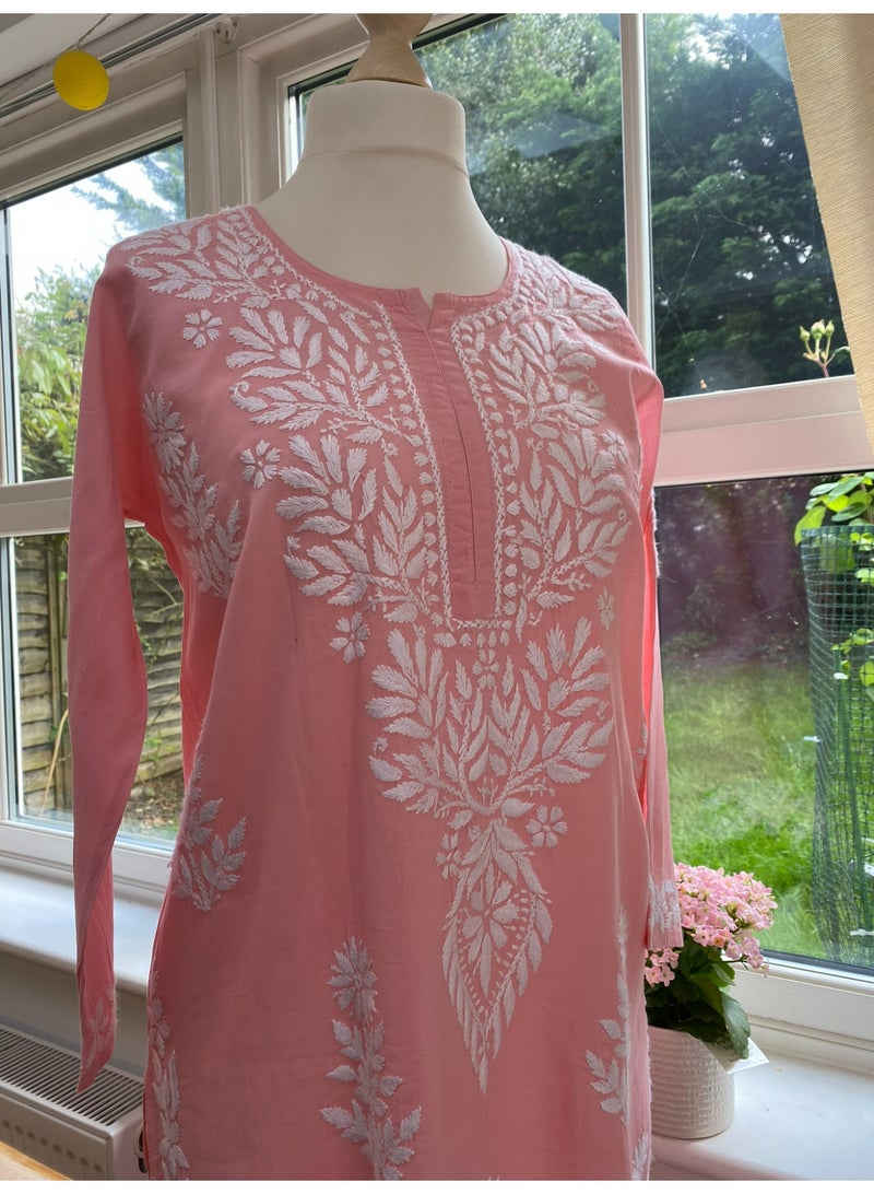 Pure Cotton Peach Chikenkari Hand Embroidered Long Tunic Kurta with Side Slits - Image 5