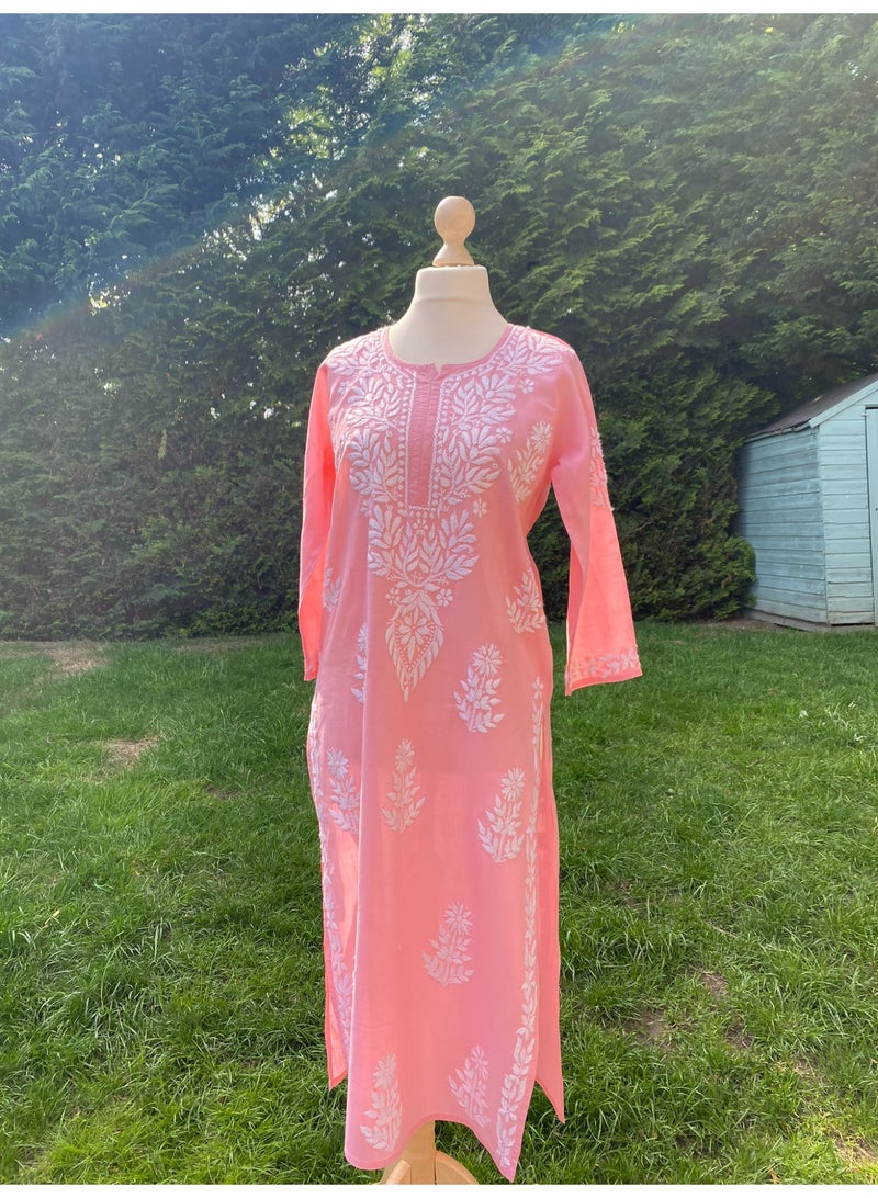 Pure Cotton Peach Chikenkari Hand Embroidered Long Tunic Kurta with Side Slits - Image 4