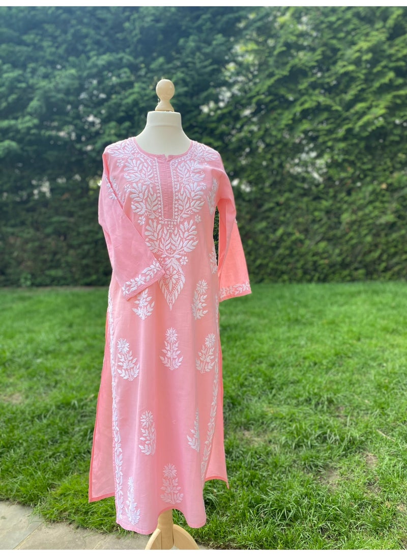 Pure Cotton Peach Chikenkari Hand Embroidered Long Tunic Kurta with Side Slits - Image 1