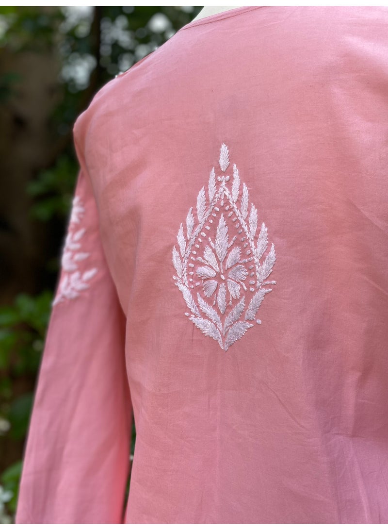 Pure Cotton Peach Chikenkari Hand Embroidered Long Tunic Kurta with Side Slits - Image 2