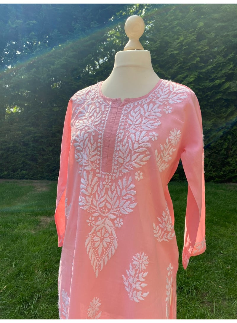 Pure Cotton Peach Chikenkari Hand Embroidered Long Tunic Kurta with Side Slits - Image 3