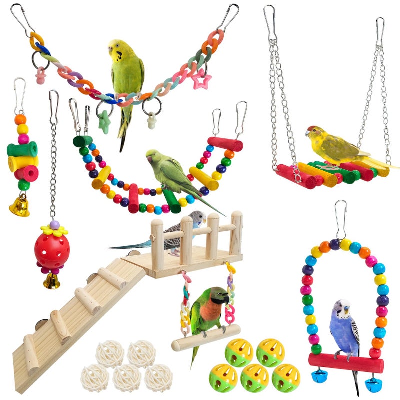 Hamiledyi 17Pcs Parrot Swing Toys Perches Platform with Bird Climbing Ladder Chewing Hanging Standing Colorful Toys Cage Accessories for Parakeet, Conure, Finch, Lovebirds, Budgie, Canary - Image 1