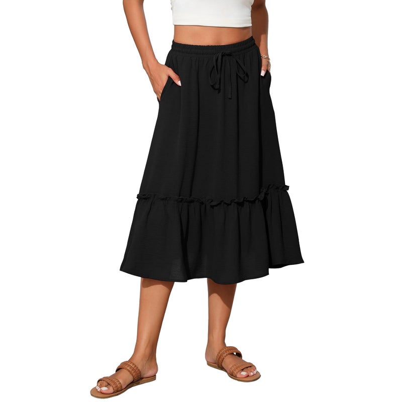 Witsmile Womens Skirts - High Waisted Tiered Skirts for Women Knee Length with Pockets Beach Cover-ups(Black,M) - Image 1