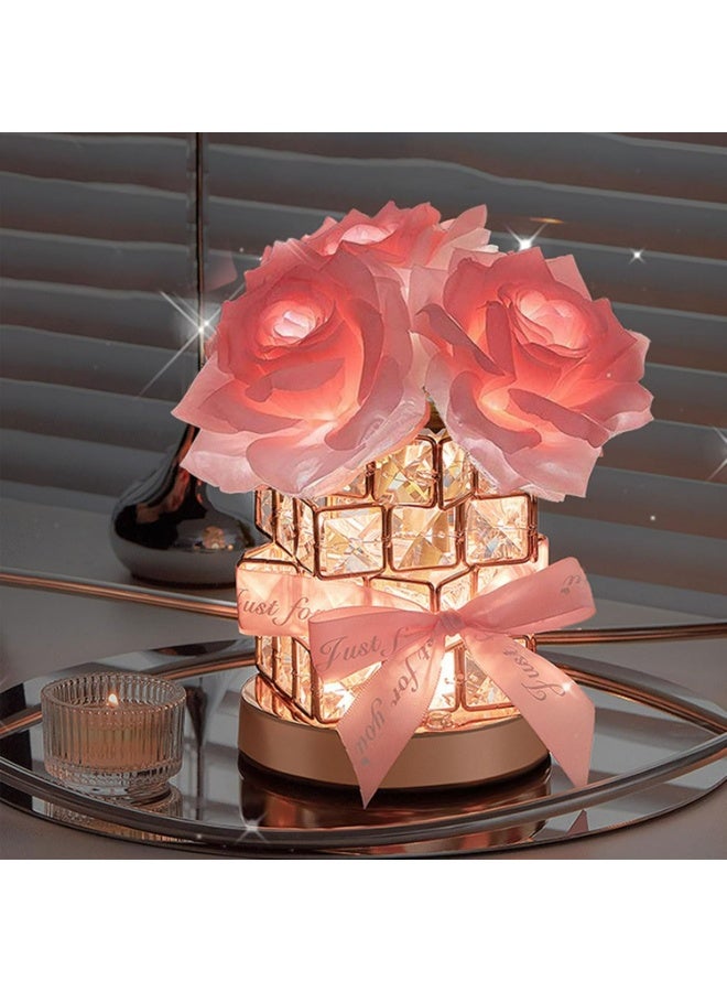 Crystal Table Lamp, Rechargeable Cordless Rose Light 3 Colors Dimmable Flower Lamp, Romantic LED Rose Diamond Lamp for Bedroom Living Pink Room Decor, Valentine Birthday Gift for Her - Image 1