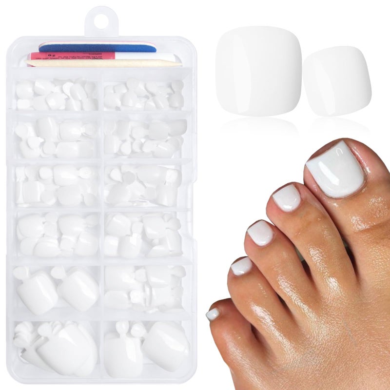 LuckForever 168pc Press on Toenails Women Fake Toe Nails with Glue Tabs, White Fake Toenails Press on Nails Short Square Acrylic Toe Nail Tips Glue on Toenails False Artificial Toe Nails Press ons - Image 1