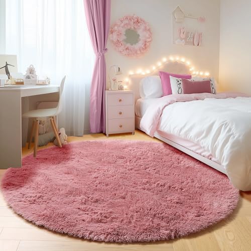 ONASAR Blush Round Area Rugs 5ft, Soft Bedroom Circle Rug Mats for Kids Girls Teen Room, Fluffy Plush Shaggy Carpet for Dorm Nursery Living Room Playroom Home Decor Princess Castle - Image 1