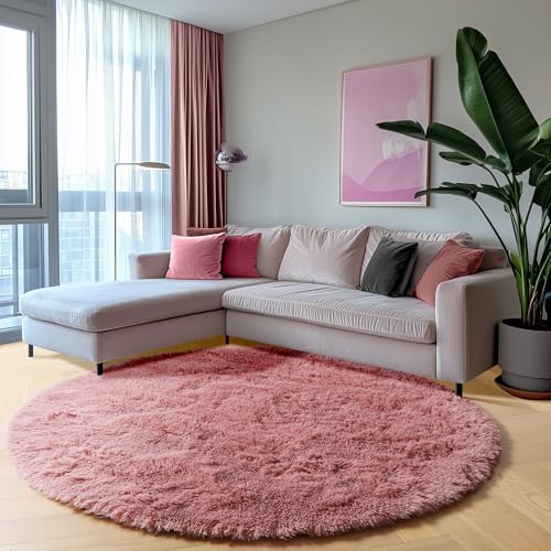 ONASAR Blush Round Area Rugs 5ft, Soft Bedroom Circle Rug Mats for Kids Girls Teen Room, Fluffy Plush Shaggy Carpet for Dorm Nursery Living Room Playroom Home Decor Princess Castle - Image 3