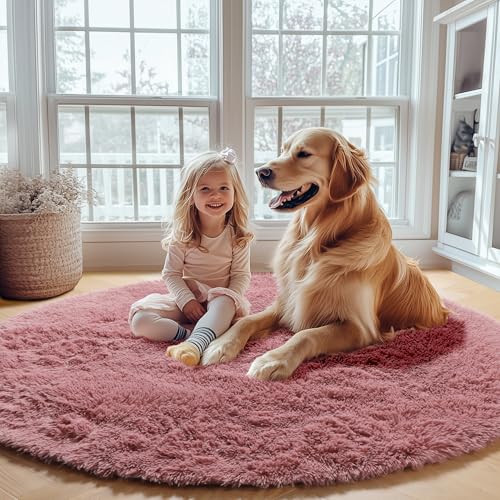 ONASAR Blush Round Area Rugs 5ft, Soft Bedroom Circle Rug Mats for Kids Girls Teen Room, Fluffy Plush Shaggy Carpet for Dorm Nursery Living Room Playroom Home Decor Princess Castle - Image 5