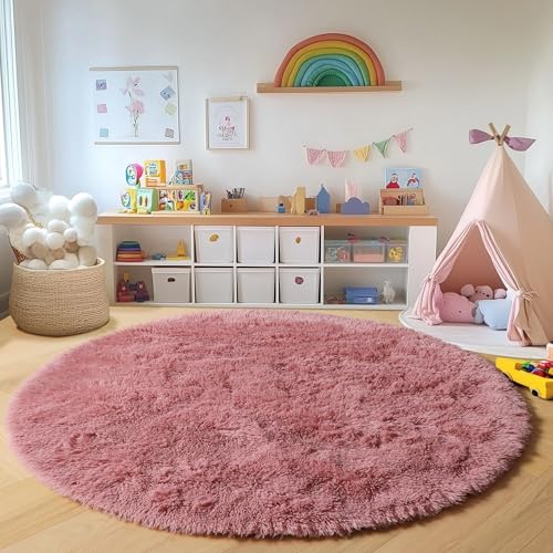 ONASAR Blush Round Area Rugs 5ft, Soft Bedroom Circle Rug Mats for Kids Girls Teen Room, Fluffy Plush Shaggy Carpet for Dorm Nursery Living Room Playroom Home Decor Princess Castle - Image 4