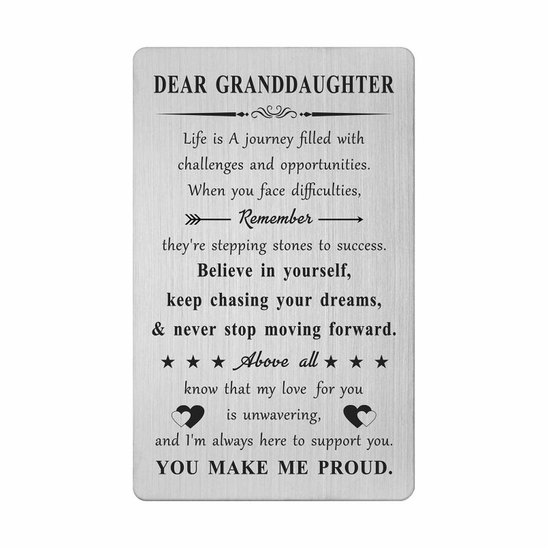 DGXMD Gifts for Granddaughter â€“ Engraved Metal Granddaughter Card â€“ Granddaughters Birthday Graduation Card Gift from Grandma Grandpa - Image 1