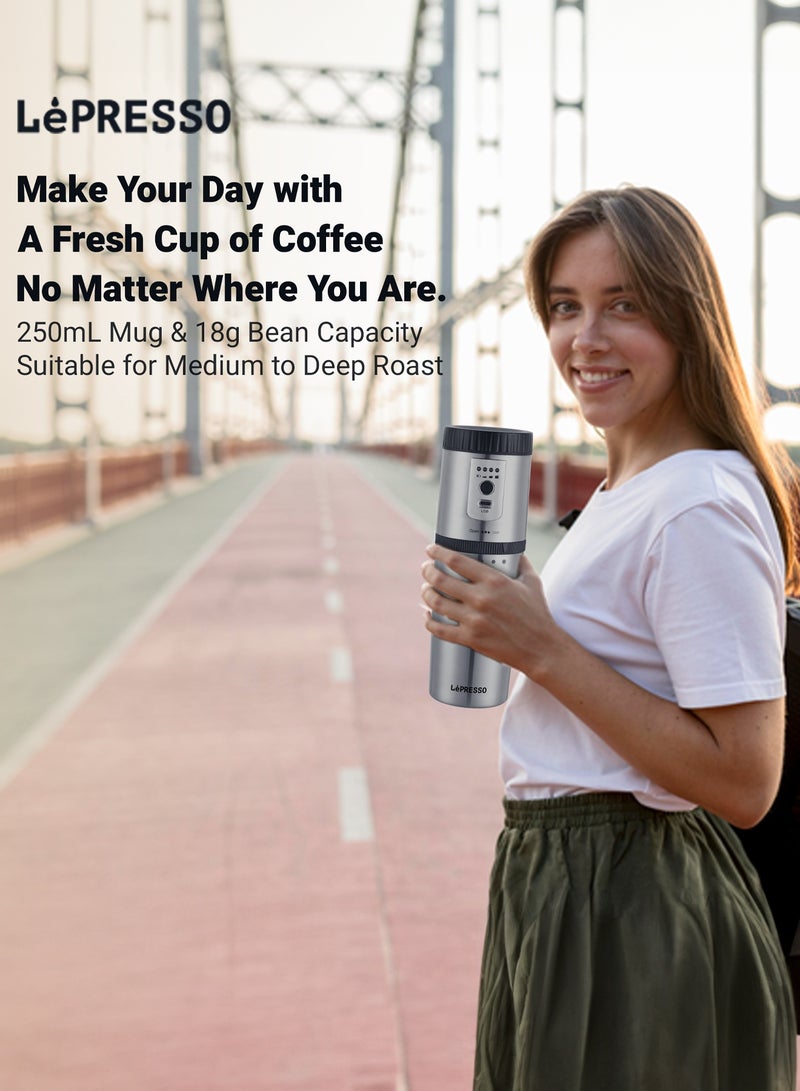 LePRESSO Portable Espresso Maker, Mini Grinding & Coffee Maker, Adjustable Grinding Size, Electric Burr Coffee Grinder, Stainless Steel Blades, Mini Espresso Maker for Travel, Home, Office - Silver - Image 4