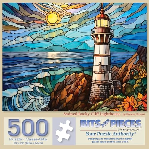 Bits and Pieces ألوان وأجزاء 500 قطعة ألغاز للبالغين منارة صخرية ملونة كبيرة 18 × 24 ألغاز 500 قطعة منارة زجاج ملون منظر بحري قطع عشوائية لا تشبه أي منها الأخرى - Image 1