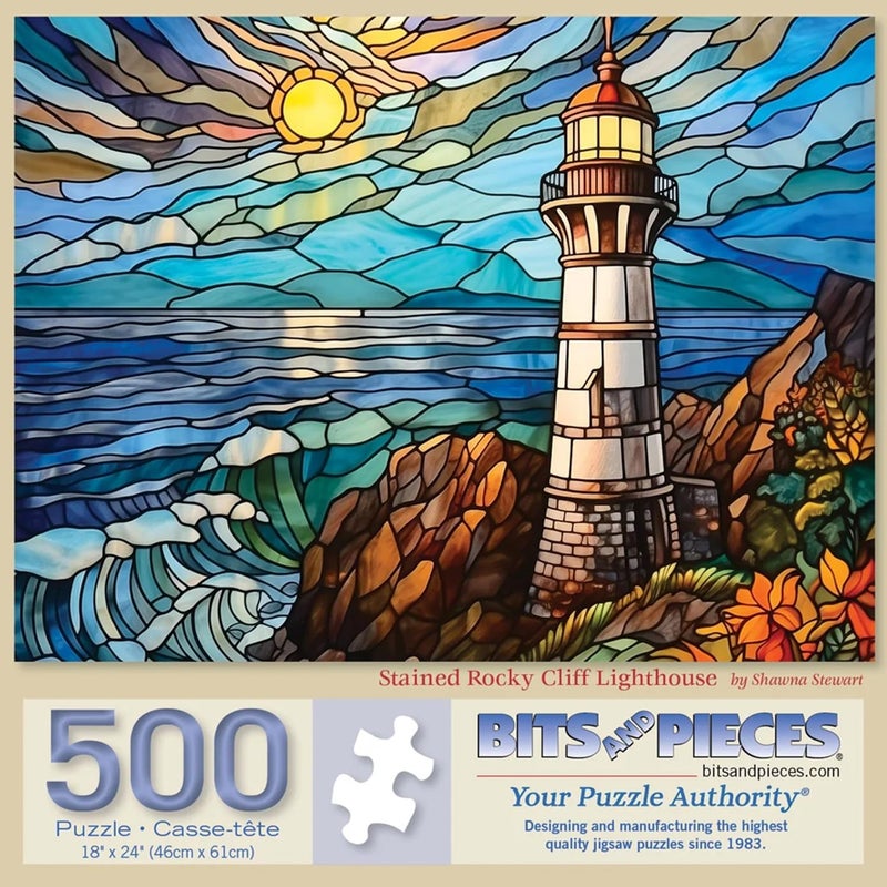 Bits and Pieces ألوان وأجزاء 500 قطعة ألغاز للبالغين منارة صخرية ملونة كبيرة 18 × 24 ألغاز 500 قطعة منارة زجاج ملون منظر بحري قطع عشوائية لا تشبه أي منها الأخرى - Image 3