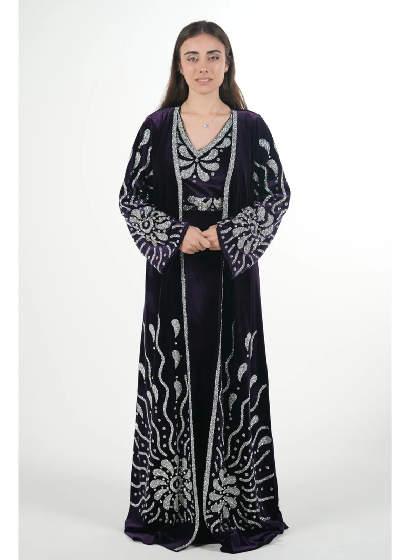 AL BENT AL SHARQIEH Velvet kaftan jalabiya dress with belt