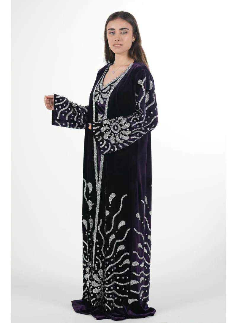 AL BENT AL SHARQIEH Velvet kaftan jalabiya dress with belt