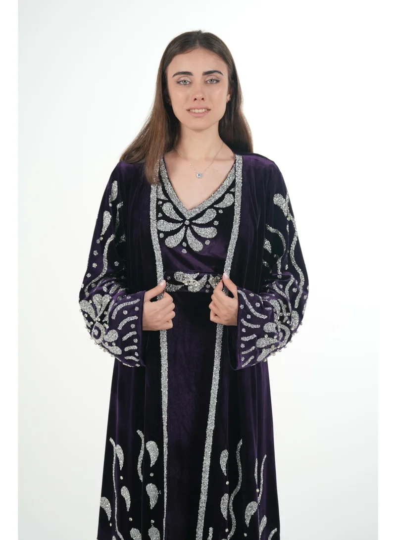 AL BENT AL SHARQIEH Velvet kaftan jalabiya dress with belt