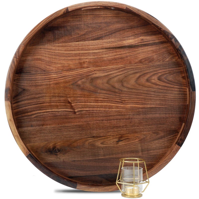 MAGIGO 22 Inches Extra Large Round Black Walnut Wood Ottoman Tray with Handles Serve Tea Coffee or Breakfast in Bed Classic Circular Wooden Decorative Serving Tray