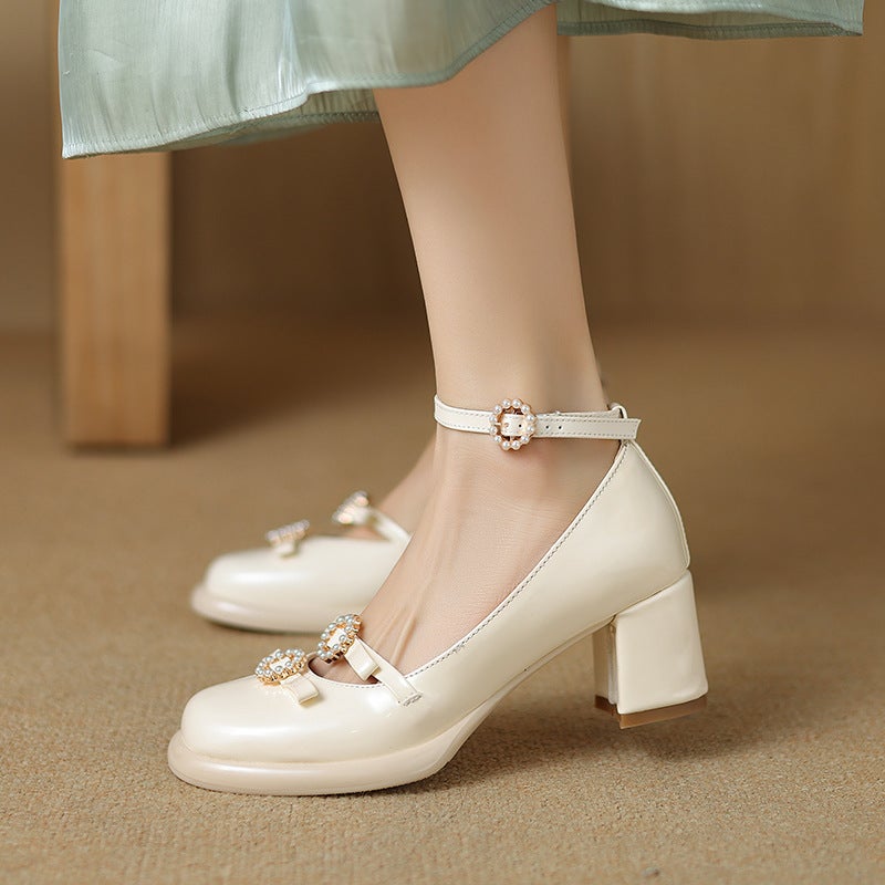2024 Spring Fashion High-Heeled Women'S Shoes 33-43 Pearl Fastener Buckle Shallow Mouth Single Shoes - Image 4