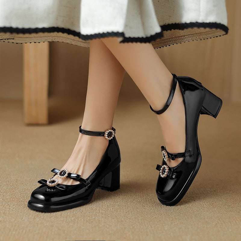 2024 Spring Fashion High-Heeled Women'S Shoes 33-43 Pearl Fastener Buckle Shallow Mouth Single Shoes - Image 2