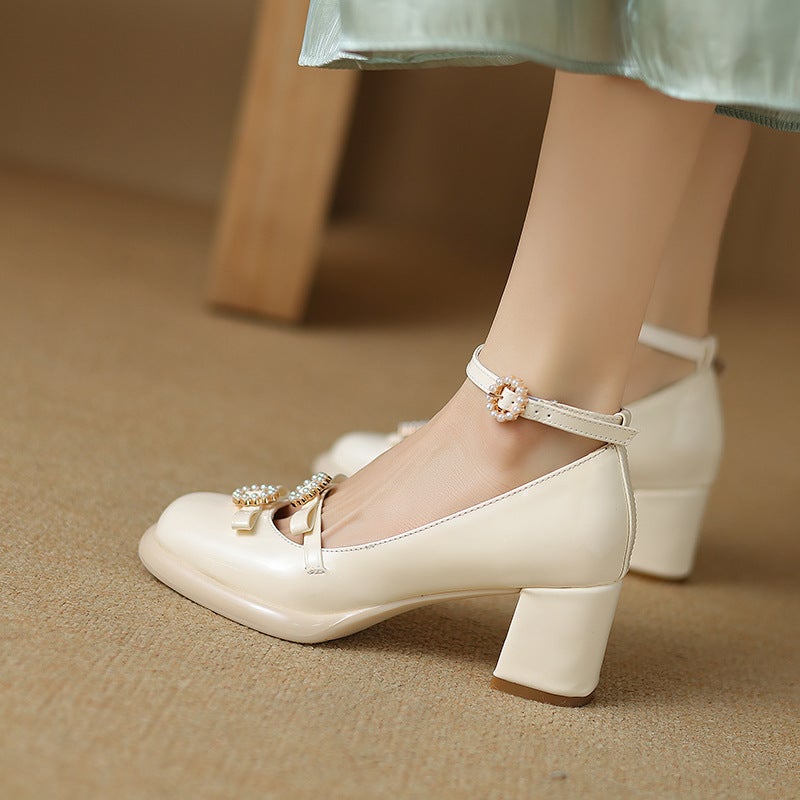 2024 Spring Fashion High-Heeled Women'S Shoes 33-43 Pearl Fastener Buckle Shallow Mouth Single Shoes - Image 5