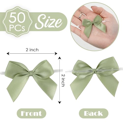 AIMUDI Sage Green Satin Bows 2" Satin Bow for Gift Wrapping Small Bows with Twist Ties Premade Ribbon Bow for Crafts Cake Pop Treat Bags Wedding Bridal Shower Birthday Party Decoration, 50 PCs - Image 2