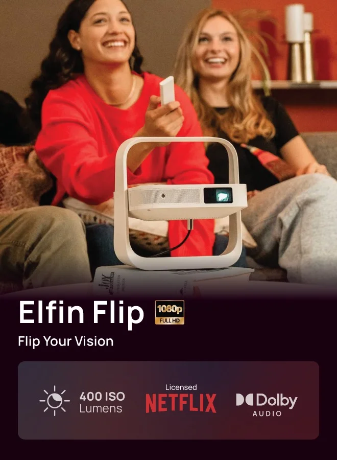 XGIMI ELFIN FLIP | Portable Projector, 1080P FHD Resolution, DLP Projector, Licensed Netflix, Build-in Adjustable Stand, Lightweight and Compact Design, 400 ISO Lumens, Screen Adaption, 2 x 3W Speakers