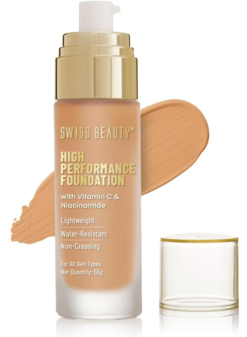Swiss Beauty Swiss Beauty High Performance Foundation | Water-Resistant | Medium To Buildable Coverage Liquid Dewy Finish | Lightweight | Easy To Blend | With Vitamin C & Niacinamide | 08 Sun Beige, 55G