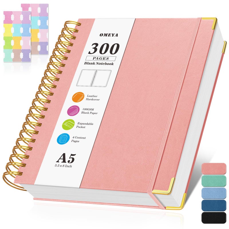 OMEYA Blank Spiral Notebook: Leather Sketch Book, 300 Pages Hardcover Unlined Notebook for Women Men,100GSM Thick No Bleed Paper Journal, A5 Small Art Sketchbook for Drawing Writing Work, 5.5" x 8", Pink - Image 1