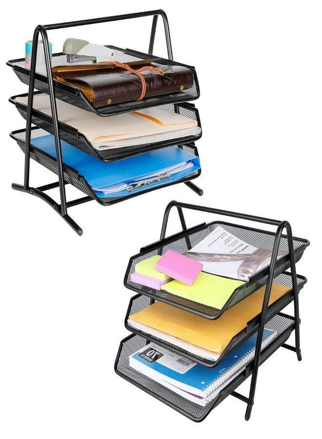 VeleSolv 4-Layer Metal Mesh Magazine & File Organizer – Vertical Desktop Document Rack with Step Shelf Design, Black (Pack of 2) (3 Tier Tray - Pack of 2) - Image 1