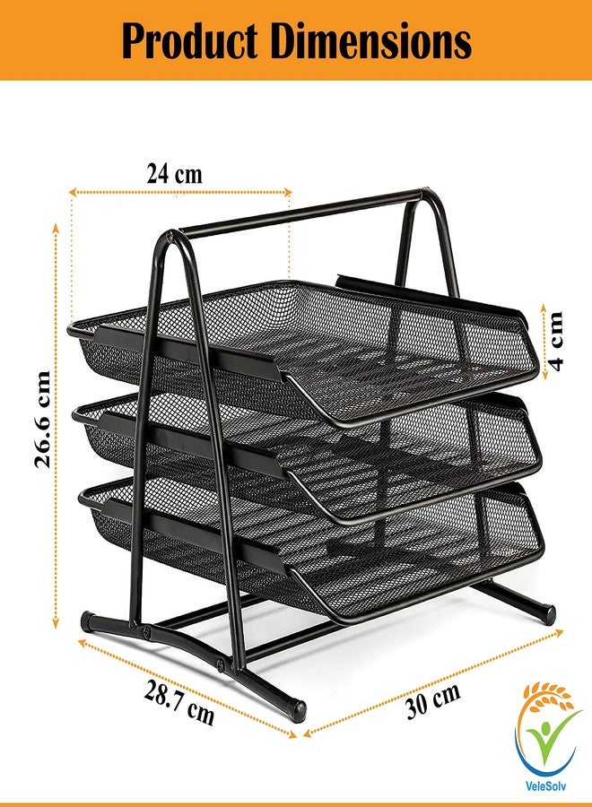 VeleSolv 4-Layer Metal Mesh Magazine & File Organizer – Vertical Desktop Document Rack with Step Shelf Design, Black (Pack of 2) (3 Tier Tray - Pack of 2) - Image 2