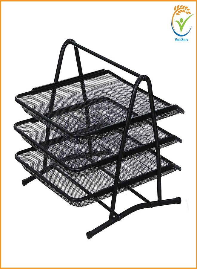 VeleSolv 4-Layer Metal Mesh Magazine & File Organizer – Vertical Desktop Document Rack with Step Shelf Design, Black (Pack of 2) (3 Tier Tray - Pack of 2) - Image 3