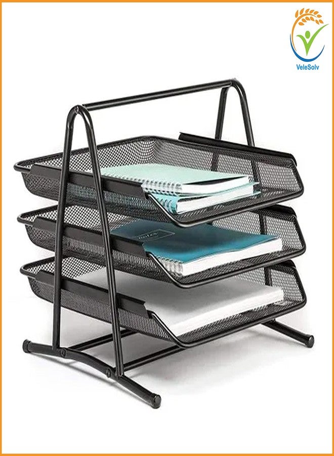 VeleSolv 4-Layer Metal Mesh Magazine & File Organizer – Vertical Desktop Document Rack with Step Shelf Design, Black (Pack of 2) (3 Tier Tray - Pack of 2) - Image 4