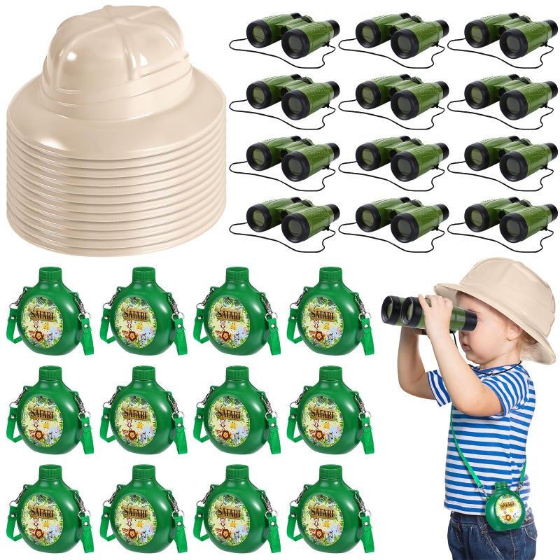 Haysandy 36 Pcs Kids Explorer Kit Include 12 Plastic Explorer Safari Hats and 12 Water Bottles and 12 Adventure Binoculars for Jungle Camping Outdoor Activity Party Birthday Gifts - Image 1