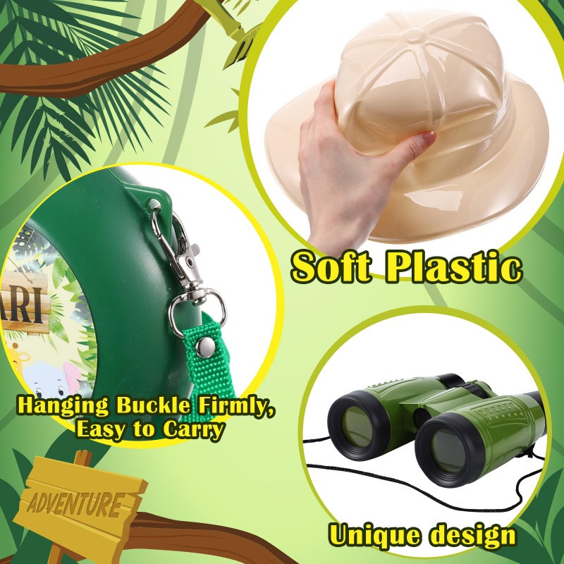 Haysandy 36 Pcs Kids Explorer Kit Include 12 Plastic Explorer Safari Hats and 12 Water Bottles and 12 Adventure Binoculars for Jungle Camping Outdoor Activity Party Birthday Gifts - Image 4