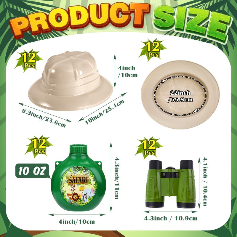 Haysandy 36 Pcs Kids Explorer Kit Include 12 Plastic Explorer Safari Hats and 12 Water Bottles and 12 Adventure Binoculars for Jungle Camping Outdoor Activity Party Birthday Gifts - Image 3