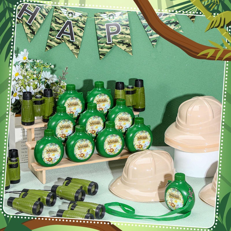 Haysandy 36 Pcs Kids Explorer Kit Include 12 Plastic Explorer Safari Hats and 12 Water Bottles and 12 Adventure Binoculars for Jungle Camping Outdoor Activity Party Birthday Gifts - Image 2