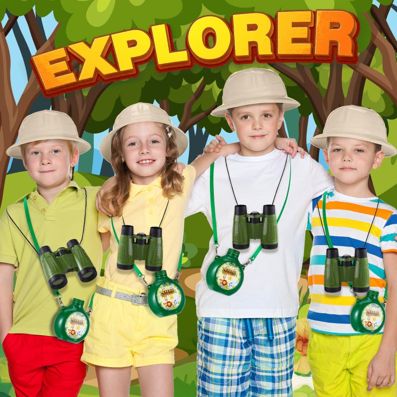 Haysandy 36 Pcs Kids Explorer Kit Include 12 Plastic Explorer Safari Hats and 12 Water Bottles and 12 Adventure Binoculars for Jungle Camping Outdoor Activity Party Birthday Gifts - Image 5