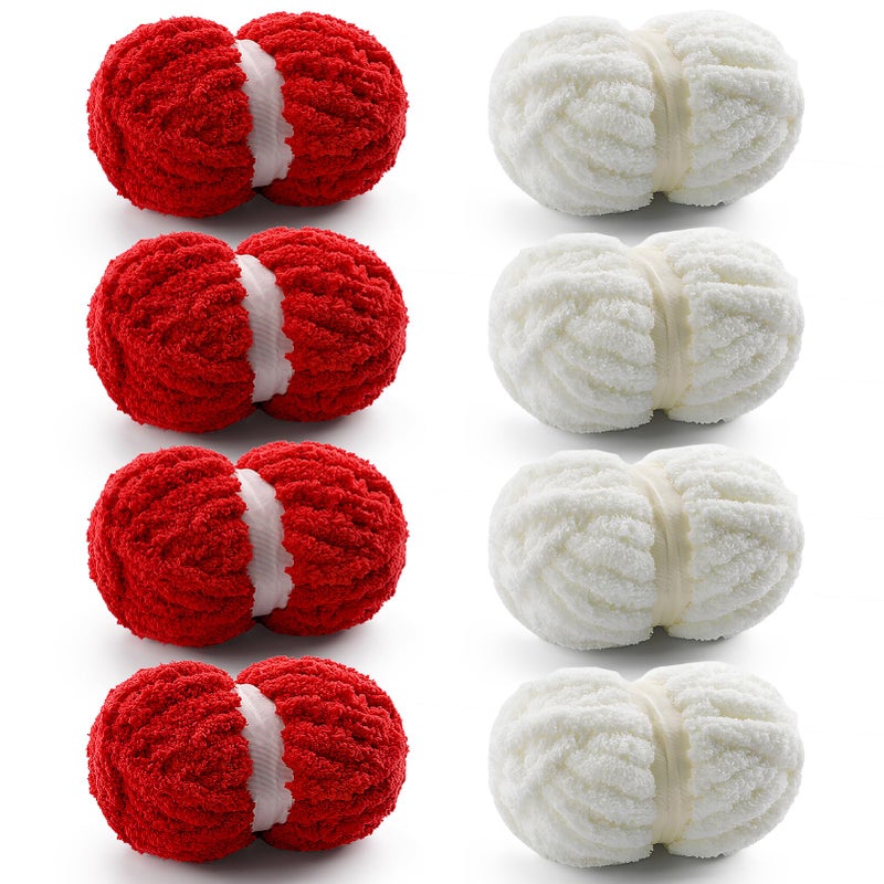 Mooaske 8 Pack Chunky Yarn for Hand Knitting - Chunky Chenille Yarn for Crocheting - Fluffy Yarns for Crochet - Jumbo Yarns for Hand Knitting 28.4 Yds 7.7 Oz Per Roll (8, Big Red-Milky White) - Image 1