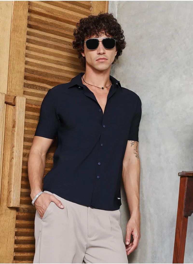 كامبوس سوترا Men's Prussian Blue Seamless Waffle Shirt