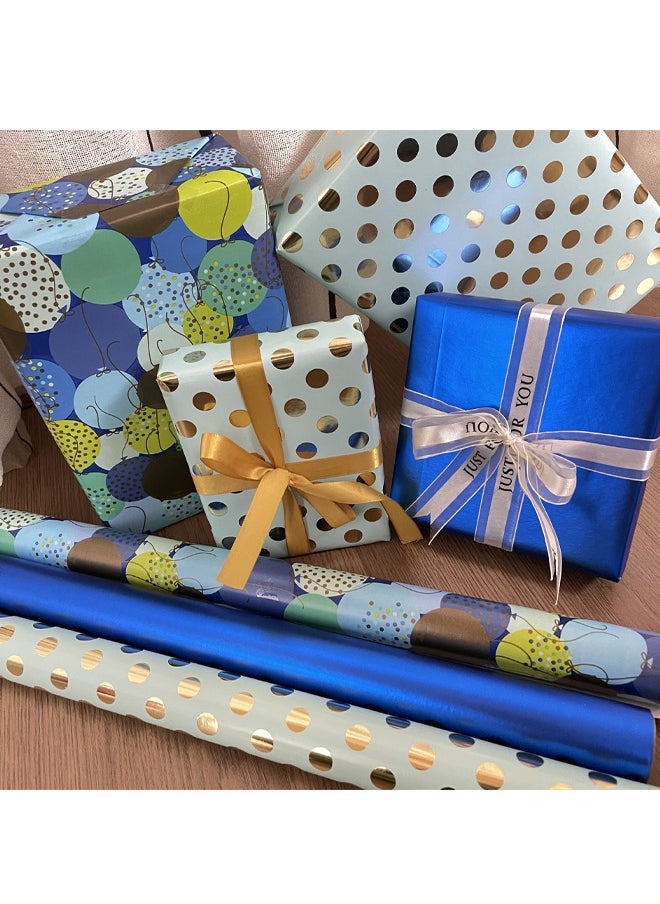Zeemey 3 rolls,Birthday Wrapping Paper Polka Dots Gift Wrap for Birthday,Graduation,Wedding,Baby Shower, Blue Dots Pattern with Gold Foil - 17 inch x 120 inch Per Roll(43*300cm)  - Image 2