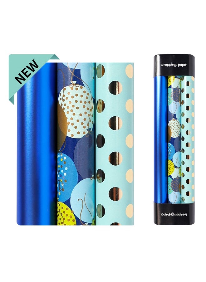 Zeemey 3 rolls,Birthday Wrapping Paper Polka Dots Gift Wrap for Birthday,Graduation,Wedding,Baby Shower, Blue Dots Pattern with Gold Foil - 17 inch x 120 inch Per Roll(43*300cm)  - Image 1