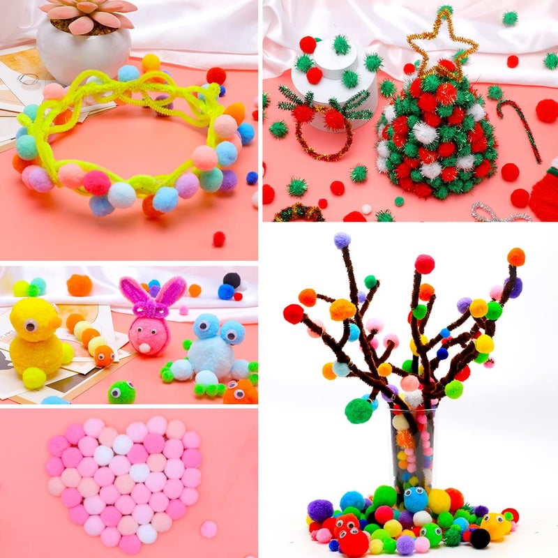 Iooleem Multi-Color Pom Poms, 1200pcs Assorted Size & Color, Pom Poms for Arts and Crafts, Pom Pom Balls with Wiggle Eyes in jar, Glitter Pom Poms, Craft Supplies. - Image 4