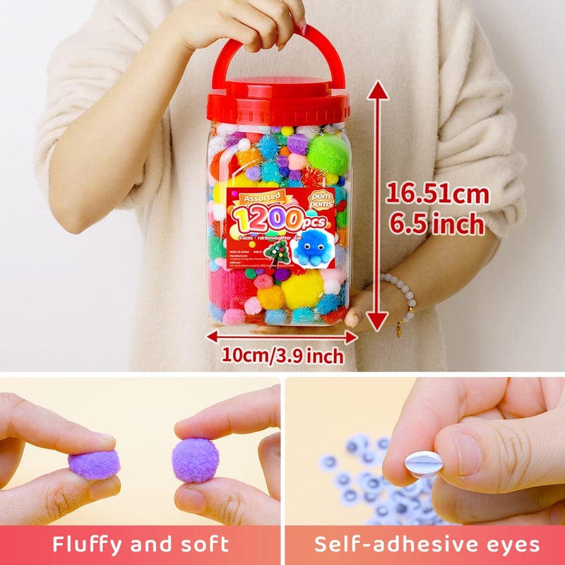 Iooleem Multi-Color Pom Poms, 1200pcs Assorted Size & Color, Pom Poms for Arts and Crafts, Pom Pom Balls with Wiggle Eyes in jar, Glitter Pom Poms, Craft Supplies. - Image 3