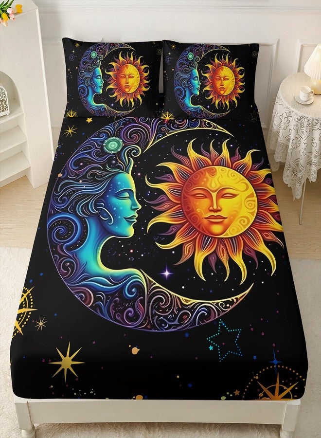 AILONEN Sun and Moon Fitted Sheet Set Queen Size, Space Galaxy Boho Exotic Mandala Sun and Moon Bed Sheet Set 3 Pieces,1 Fitted Sheet with 2 Pillowcases - Image 1