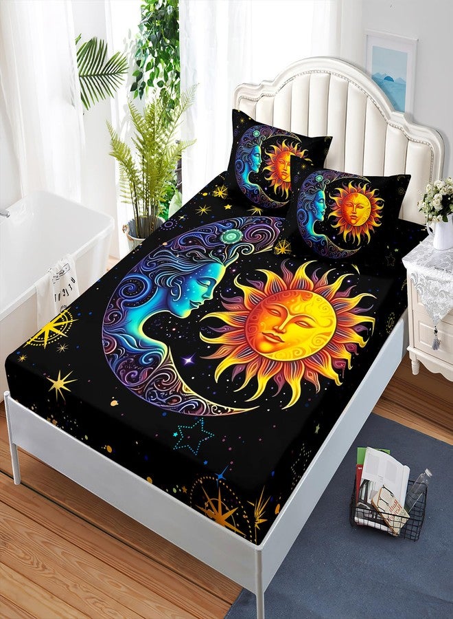 AILONEN Sun and Moon Fitted Sheet Set Queen Size, Space Galaxy Boho Exotic Mandala Sun and Moon Bed Sheet Set 3 Pieces,1 Fitted Sheet with 2 Pillowcases - Image 3