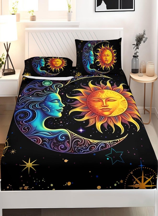 AILONEN Sun and Moon Fitted Sheet Set Queen Size, Space Galaxy Boho Exotic Mandala Sun and Moon Bed Sheet Set 3 Pieces,1 Fitted Sheet with 2 Pillowcases - Image 2