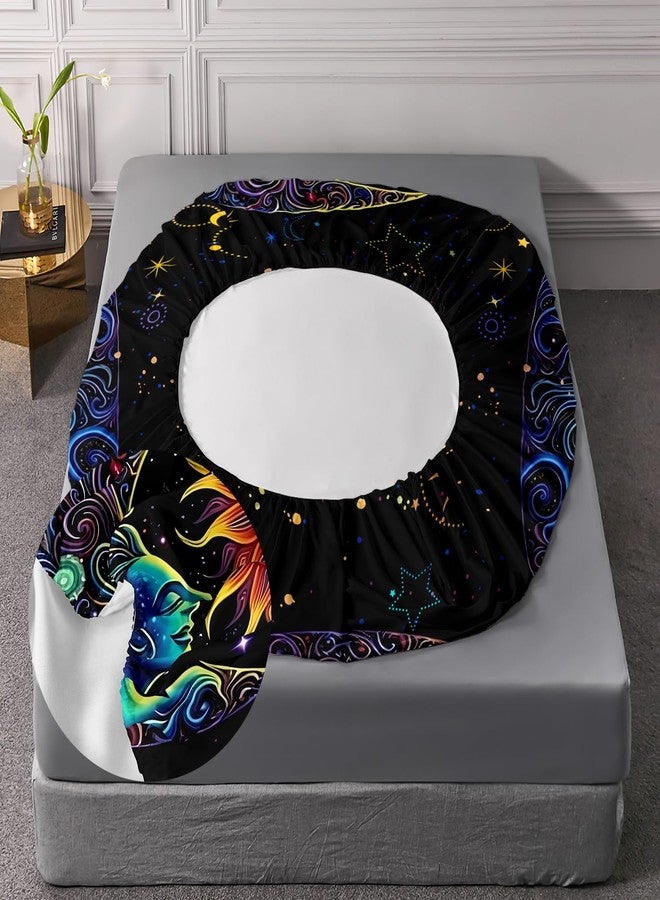 AILONEN Sun and Moon Fitted Sheet Set Queen Size, Space Galaxy Boho Exotic Mandala Sun and Moon Bed Sheet Set 3 Pieces,1 Fitted Sheet with 2 Pillowcases - Image 5