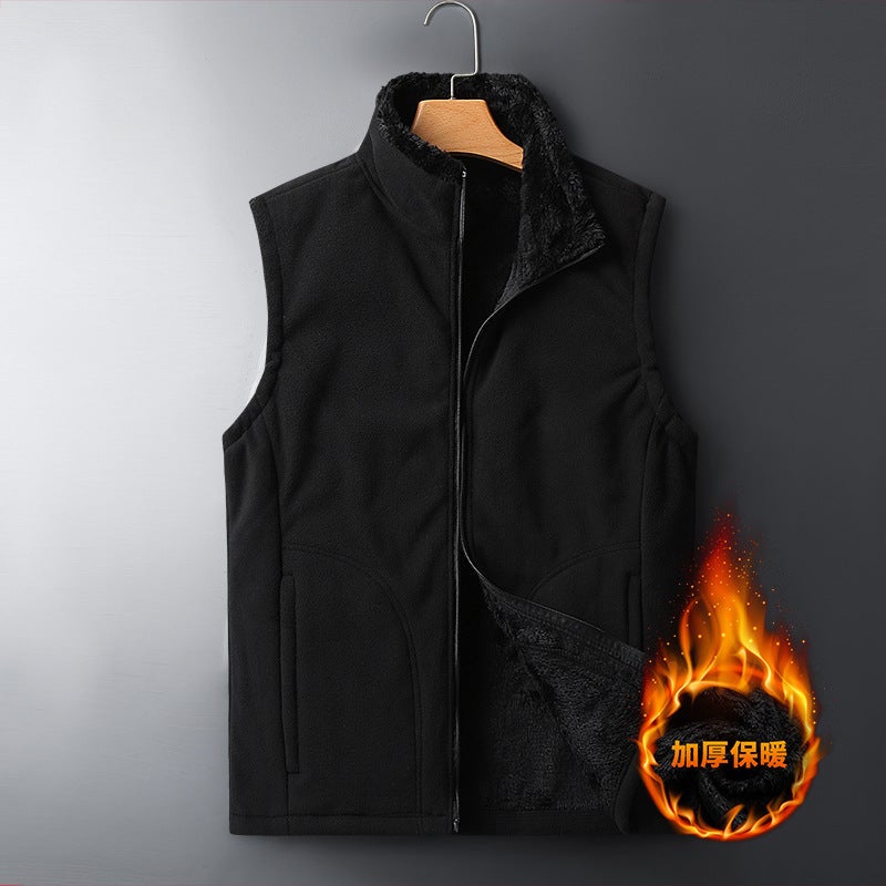 Mens Large Size Fleece Lined Sports Vest Warm Winter Outerwear Korean Style Loose Fit Cardigan Zipper Closure Solid Color Black - Image 1
