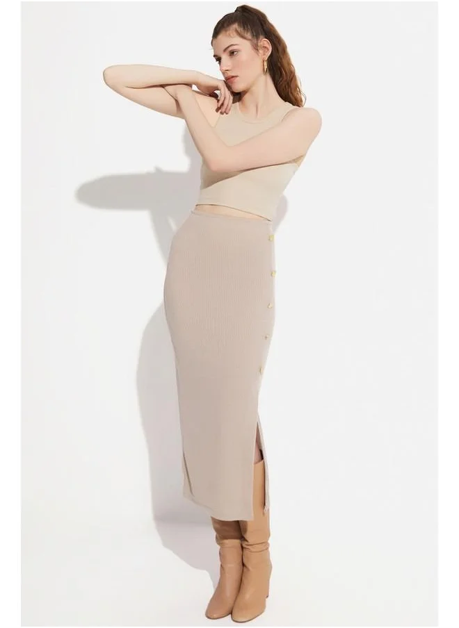 JUNE June Button Detailed Knitted Skirt Beige